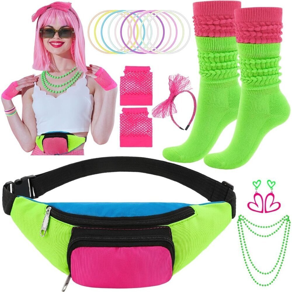 Neon Retro Fanny Pack Socks Hairband Fishnet Gloves 80s Costume Accessory